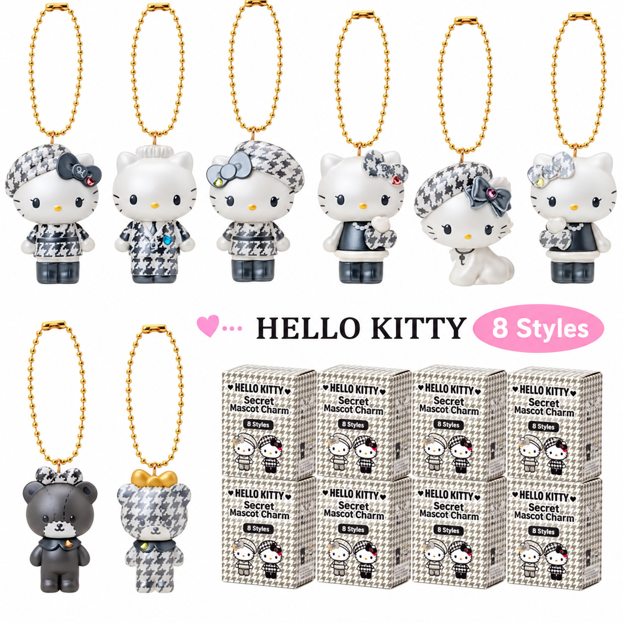 Hello Kitty Houndstooth Series 8PCS Figure Set Blind Box Collectible Toy Gift Hello Kitty Houndstooth Series 8PCS Figure Set Blind Box Collectible Toy Gift