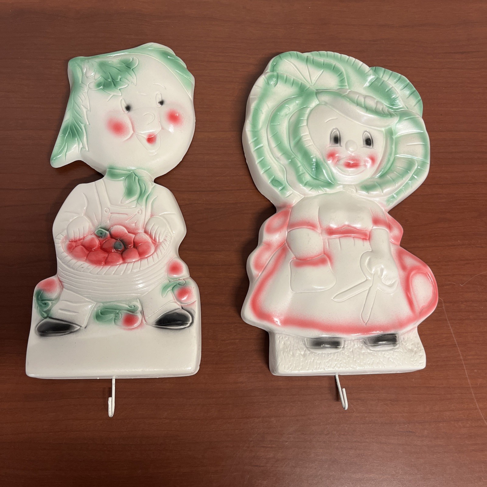 Vintage Pair of Anthropomorphic Vegetable Head Chalkware Wall Plaques w Hooks Vintage Pair of Anthropomorphic Vegetable Head Chalkware Wall Plaques w Hooks
