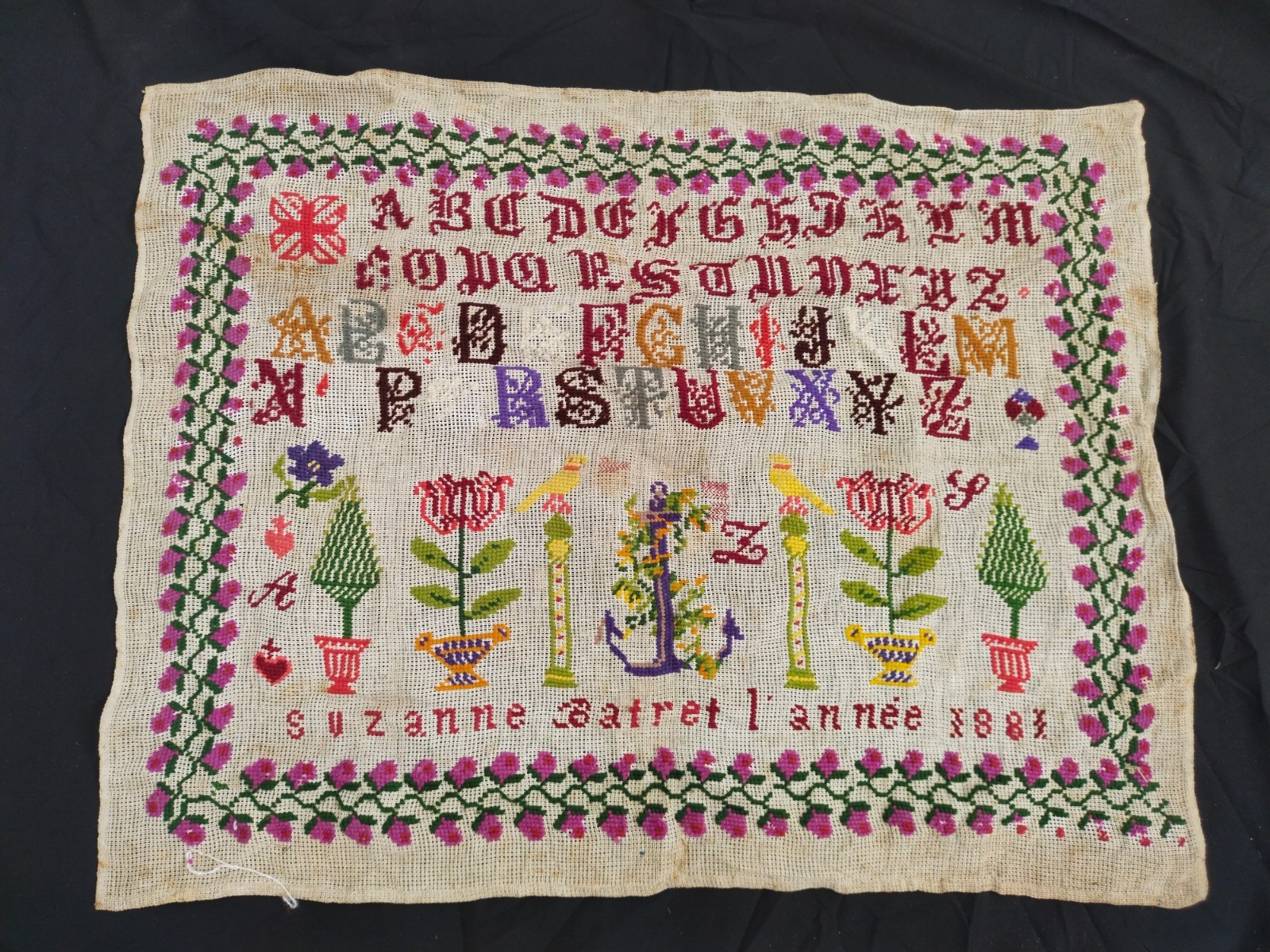 Vintage 1881 Needlework Sampler Alphabet Anchor Flowers Handmade French Textile Vintage 1881 Needlework Sampler Alphabet Anchor Flowers Handmade French Textile