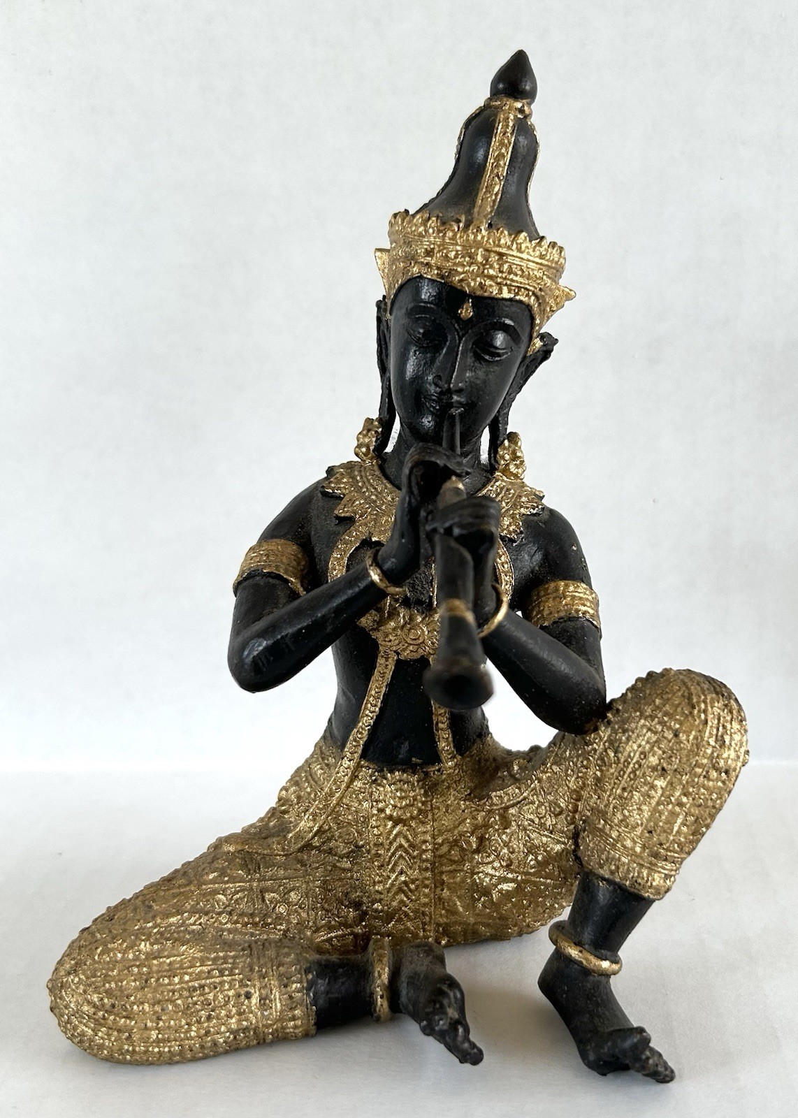 Traditional Thai Siamese Musician Figurine Statue 6" Bronze & Gold Gilt