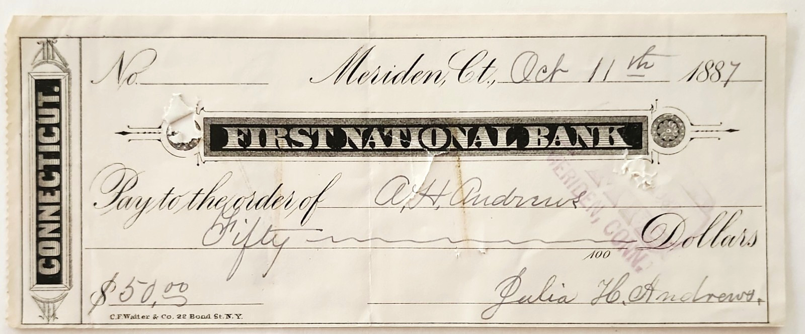1887 Meriden CT First National Bank Check Connecticut Panel Financial Ephemera 1887 Meriden CT First National Bank Check Connecticut Panel Financial Ephemera