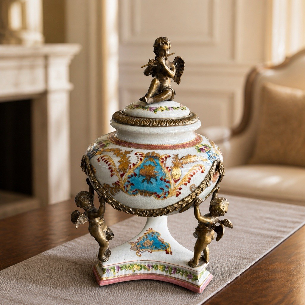 Antique Wong Lee 1895 Porcelain Ormolu Decorative Urn with Crackled Glaze 13” Antique Wong Lee 1895 Porcelain Ormolu Decorative Urn with Crackled Glaze 13”