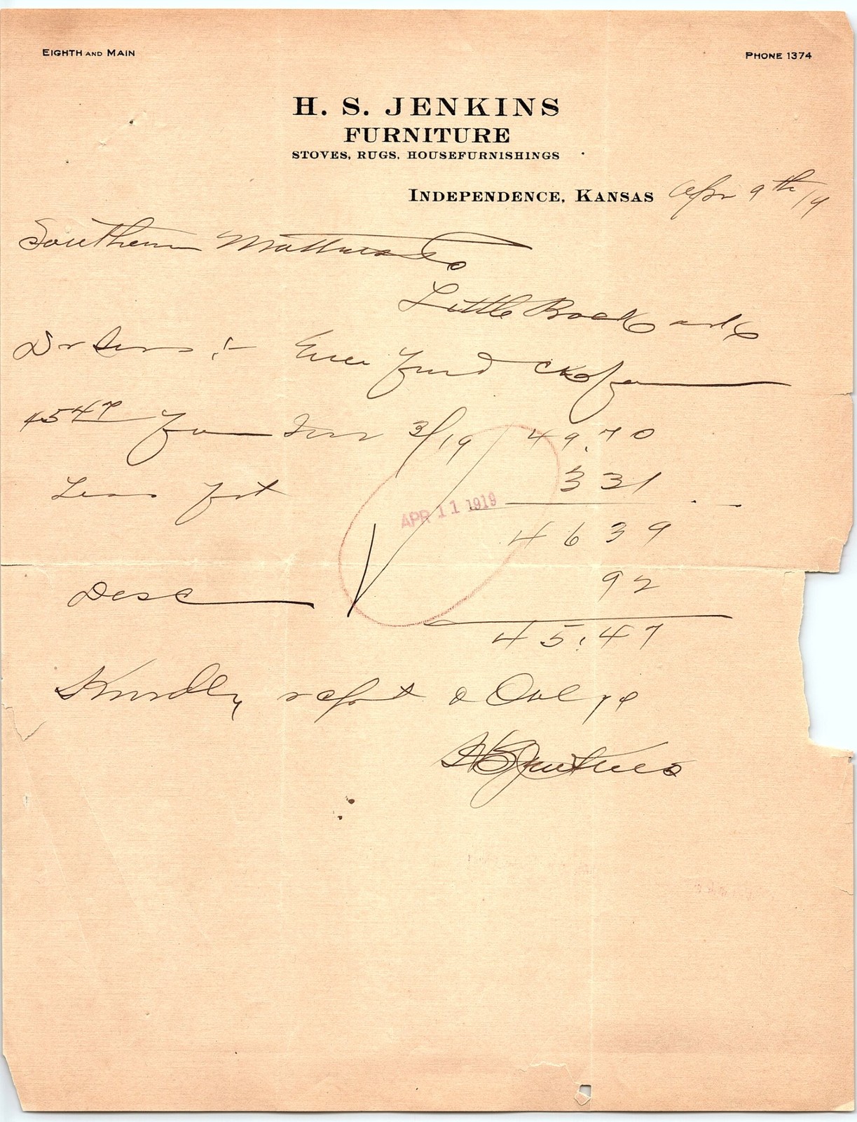 1919 H. S. Jenkins Furniture billhead, Independence, KS 1919 H. S. Jenkins Furniture billhead, Independence, KS