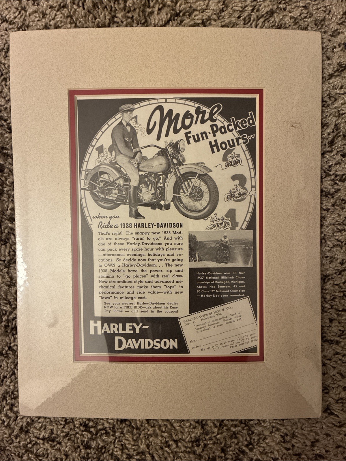 1937 OLD MAGAZINE PRINT AD, 1938 HARLEY-DAVIDSON MOTORCYCLE, FUN-PACKED HOURS 1937 OLD MAGAZINE PRINT AD, 1938 HARLEY-DAVIDSON MOTORCYCLE, FUN-PACKED HOURS