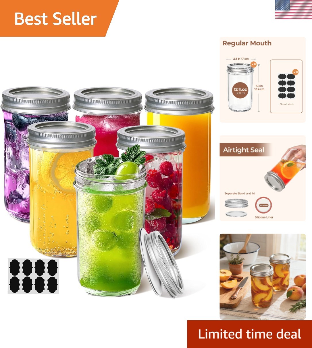 Stylish 12oz Regular Mouth Mason Jars - Perfect for Juices, Sauces & Gifts