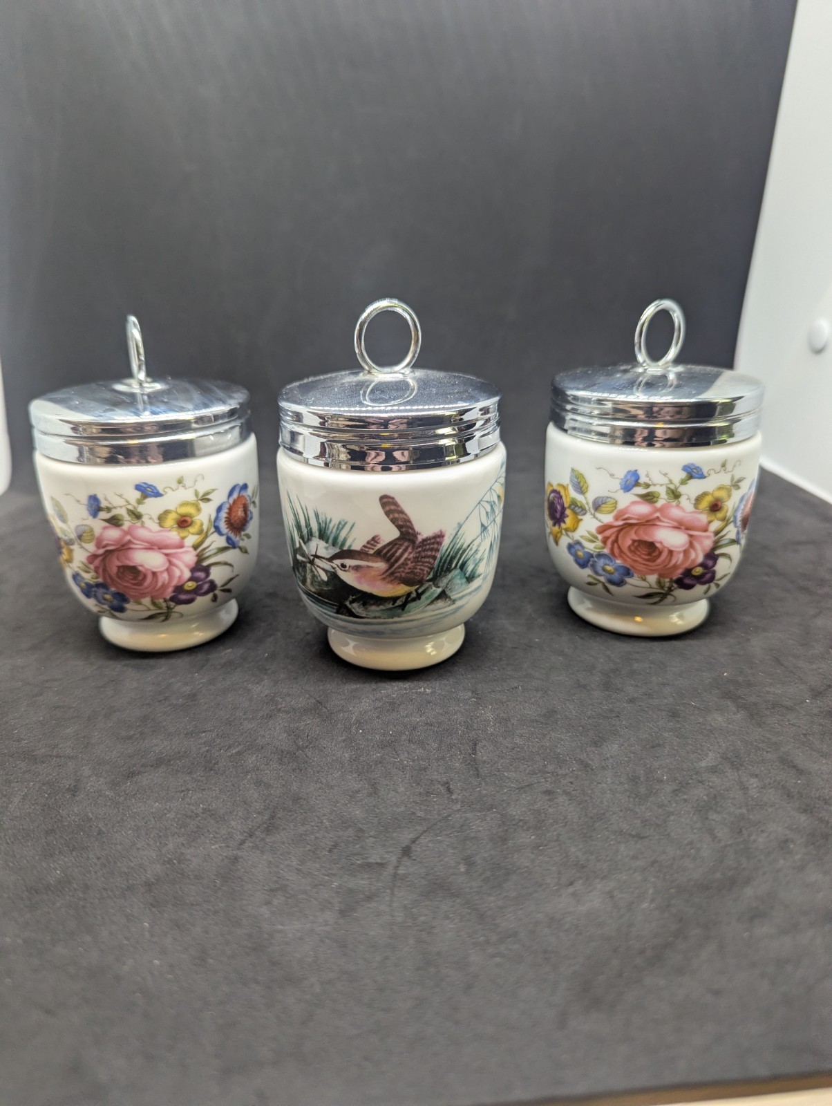 Vintage Royal Worcester Set Of 3 Egg Coddler Holders Floral Made In England Vintage Royal Worcester Set Of 3 Egg Coddler Holders Floral Made In England