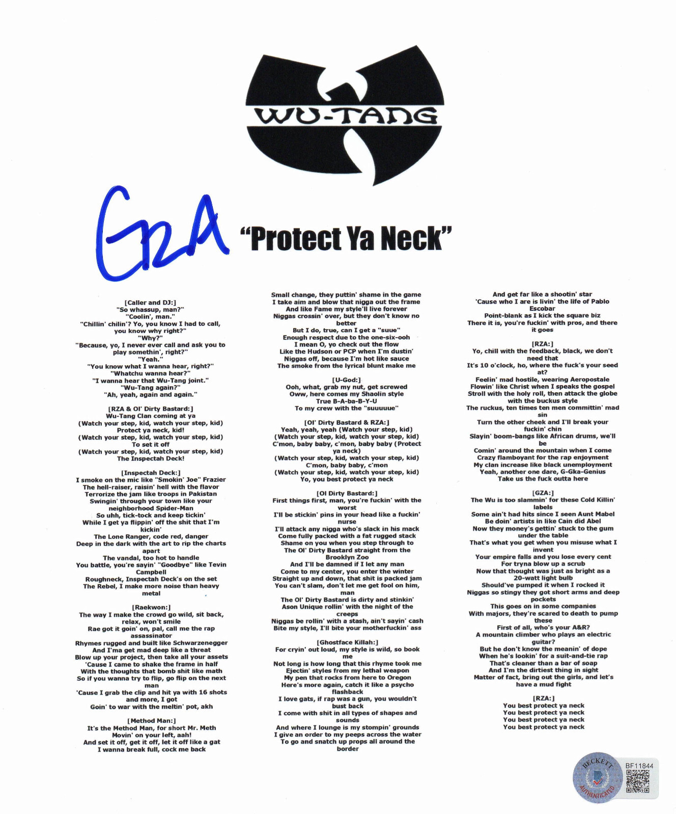 GZA SIGNED AUTOGRAPH WU TANG PROTECT YA NECK 8.5 x 11 LYRIC SHEET BAS BECKETT GZA SIGNED AUTOGRAPH WU TANG PROTECT YA NECK 8.5 x 11 LYRIC SHEET BAS BECKETT
