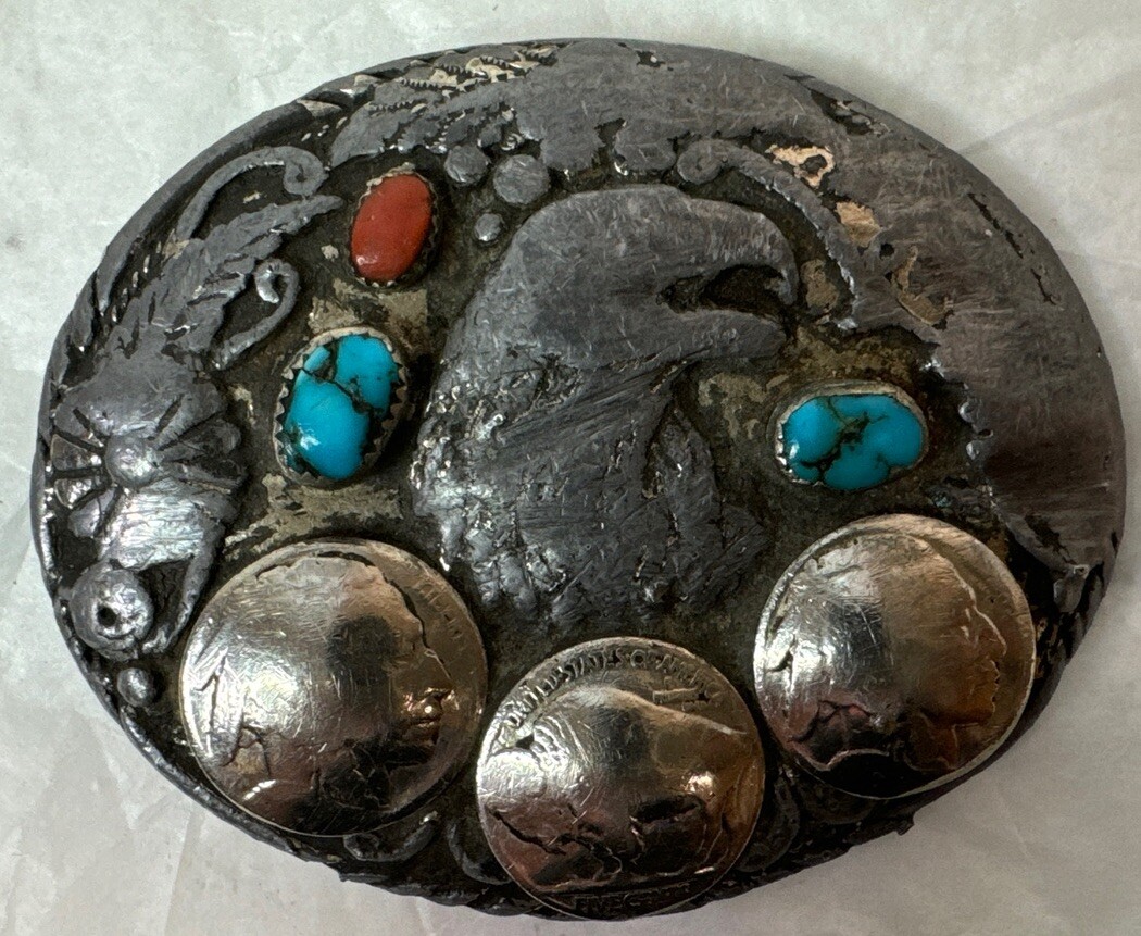 Vintage Buffalo Nickels Belt Buckle Handcrafted SSY Turquoise Coral Silver Tone Vintage Buffalo Nickels Belt Buckle Handcrafted SSY Turquoise Coral Silver Tone