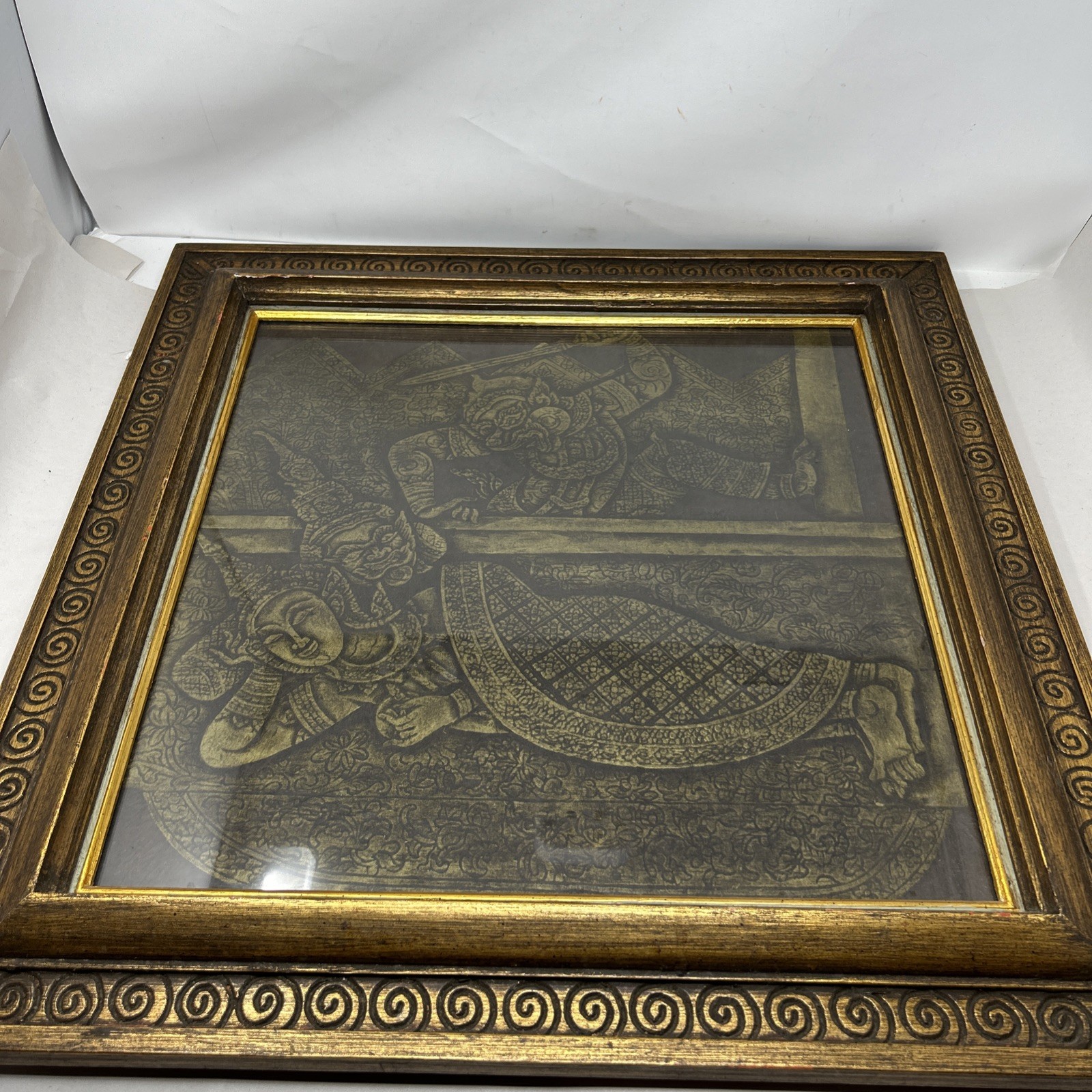 Vintage Mid Century Thai Temple Rubbing Gold Framed Asian Art MCM 23x23 Square Vintage Mid Century Thai Temple Rubbing Gold Framed Asian Art MCM 23x23 Square