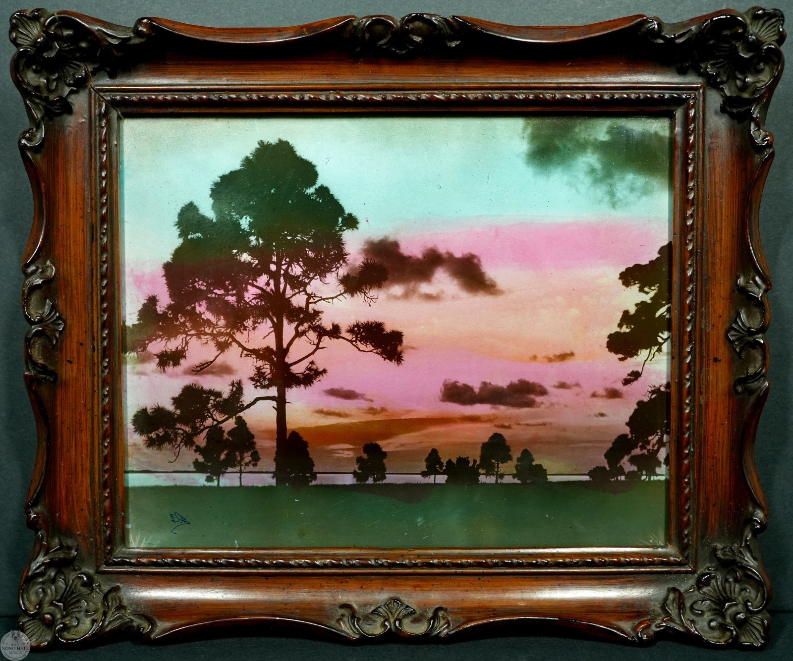 Antique E. G. Barnhill Landscape Hand-Painted Glass Photograph “Florida Sunset”