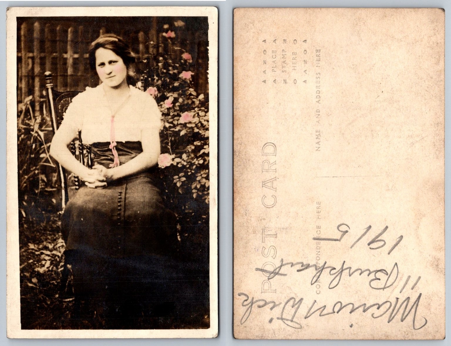 1915 RPPC Marion Kirsch Woman Portrait Hand Tinted Cheeks Roses Postcard 1915 RPPC Marion Kirsch Woman Portrait Hand Tinted Cheeks Roses Postcard