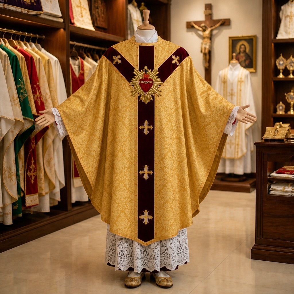 Catholic Gold Gothic Chasuble | Hand Embroidered Sacred Heart Rays Applique Catholic Gold Gothic Chasuble | Hand Embroidered Sacred Heart Rays Applique