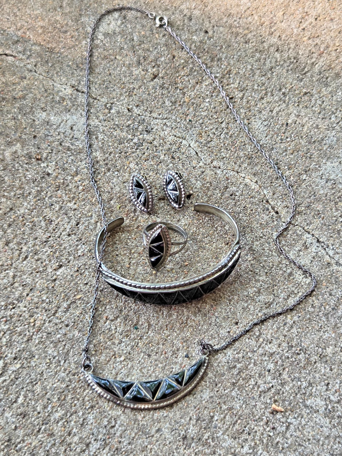 Vtg Navajo Sterling Silver Black Onyx Cuff Bracelet Ring Necklace Earring Set