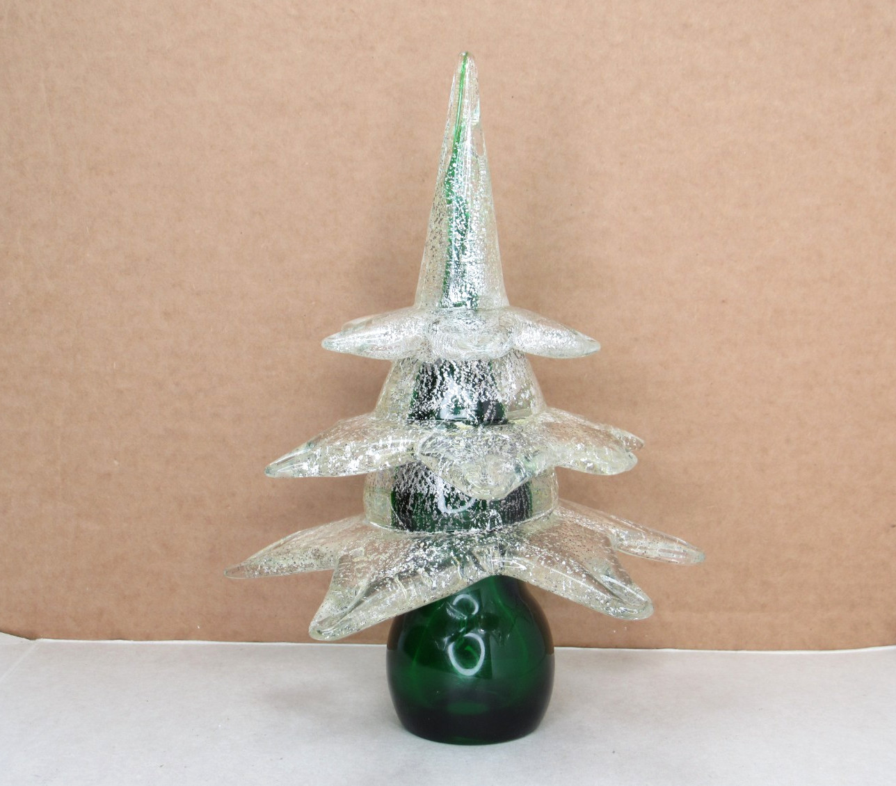 RARE Vtg FORMIA MURANO Art Glass Christmas Tree Venetian Silver Specs Green Base