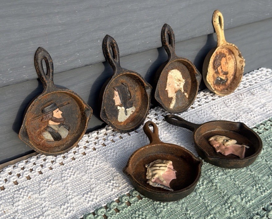 5 Antique 1940-50 Cast Iron 4.5"x3" Mini Frying Pan Skillets Presidents & Amish