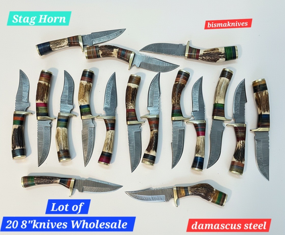 LOT OF 20 HANDMADE 6 INCHES STAG HANDLE KNIVES WITH LEATHER SHEATH WHOLESALE LOT OF 20 HANDMADE 6 INCHES STAG HANDLE KNIVES WITH LEATHER SHEATH WHOLESALE