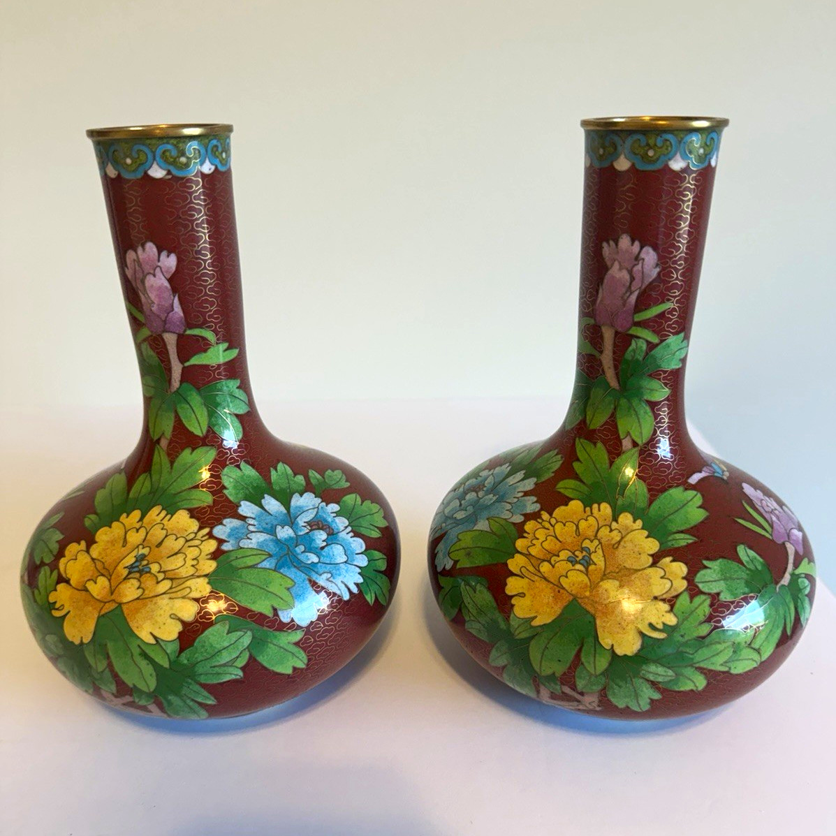 Vintage Pair Chinese Cloisonné Oxblood Red Peony Vases –Matching Set, 1970s MINT Vintage Pair Chinese Cloisonné Oxblood Red Peony Vases –Matching Set, 1970s MINT