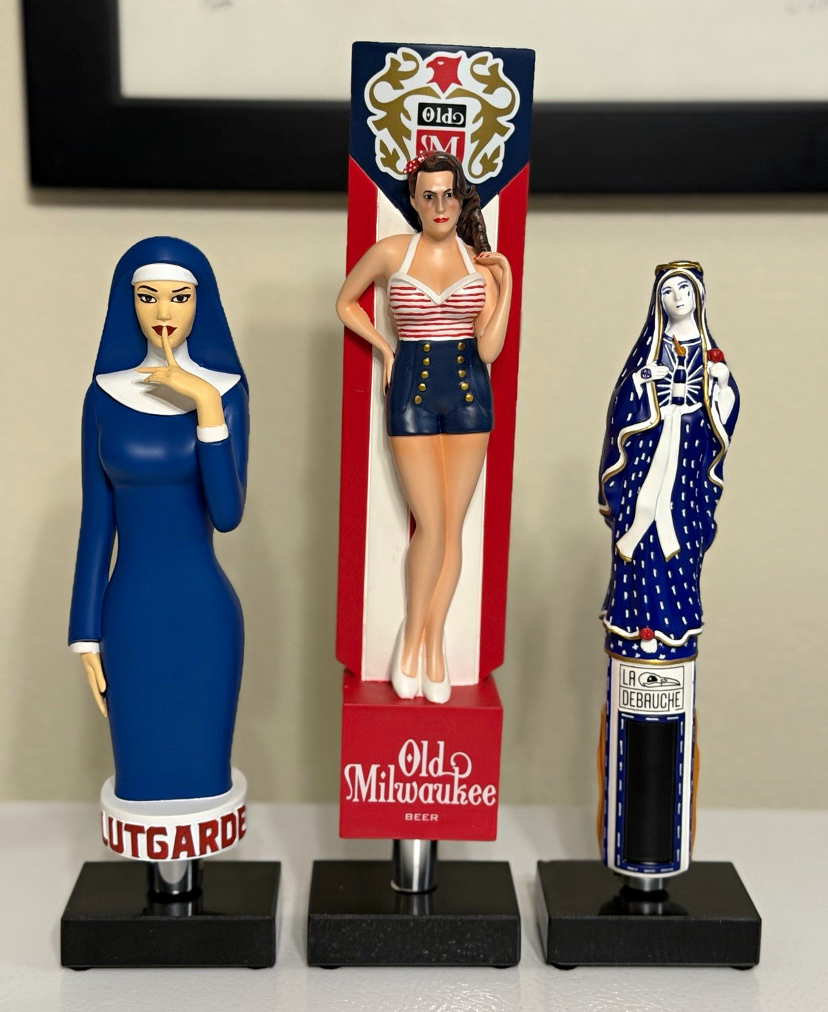 Lot of 3 VERY RARE Beer Tap Handles: Lutgarde, Old Milwaukee, and La Debauche Lot of 3 VERY RARE Beer Tap Handles: Lutgarde, Old Milwaukee, and La Debauche