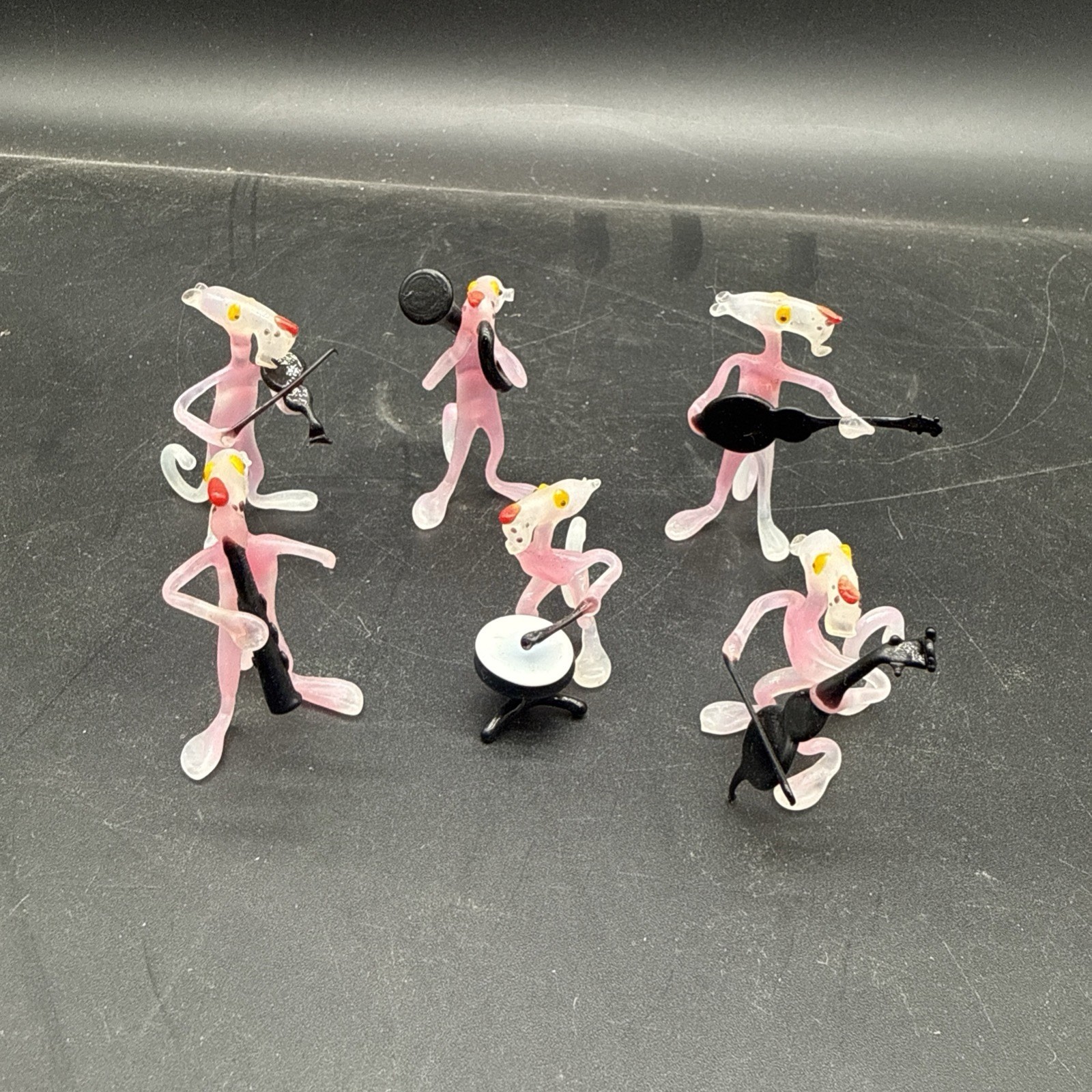 Vintage Hand Blown Glass, Pink Panther, Set Of Six Orchestra Figurines Very Rare