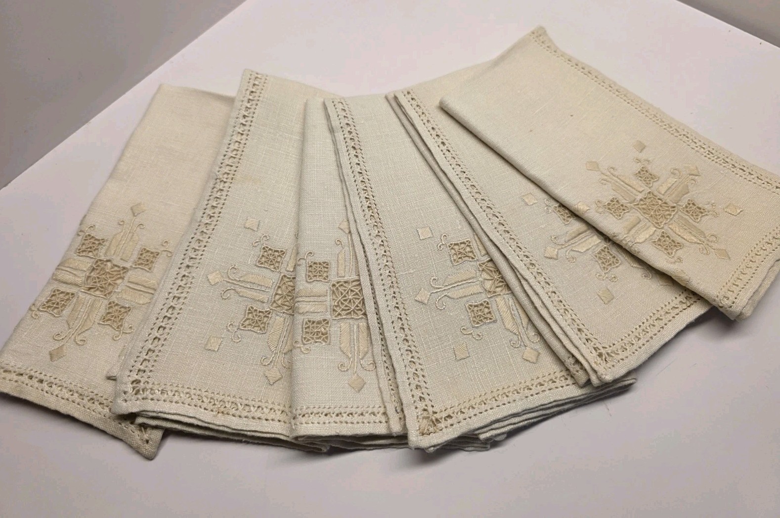 Flawless Set of 6 Vintage Ecru Linen 15" Luncheon Napkins Intricate Hand Cutwork Flawless Set of 6 Vintage Ecru Linen 15" Luncheon Napkins Intricate Hand Cutwork