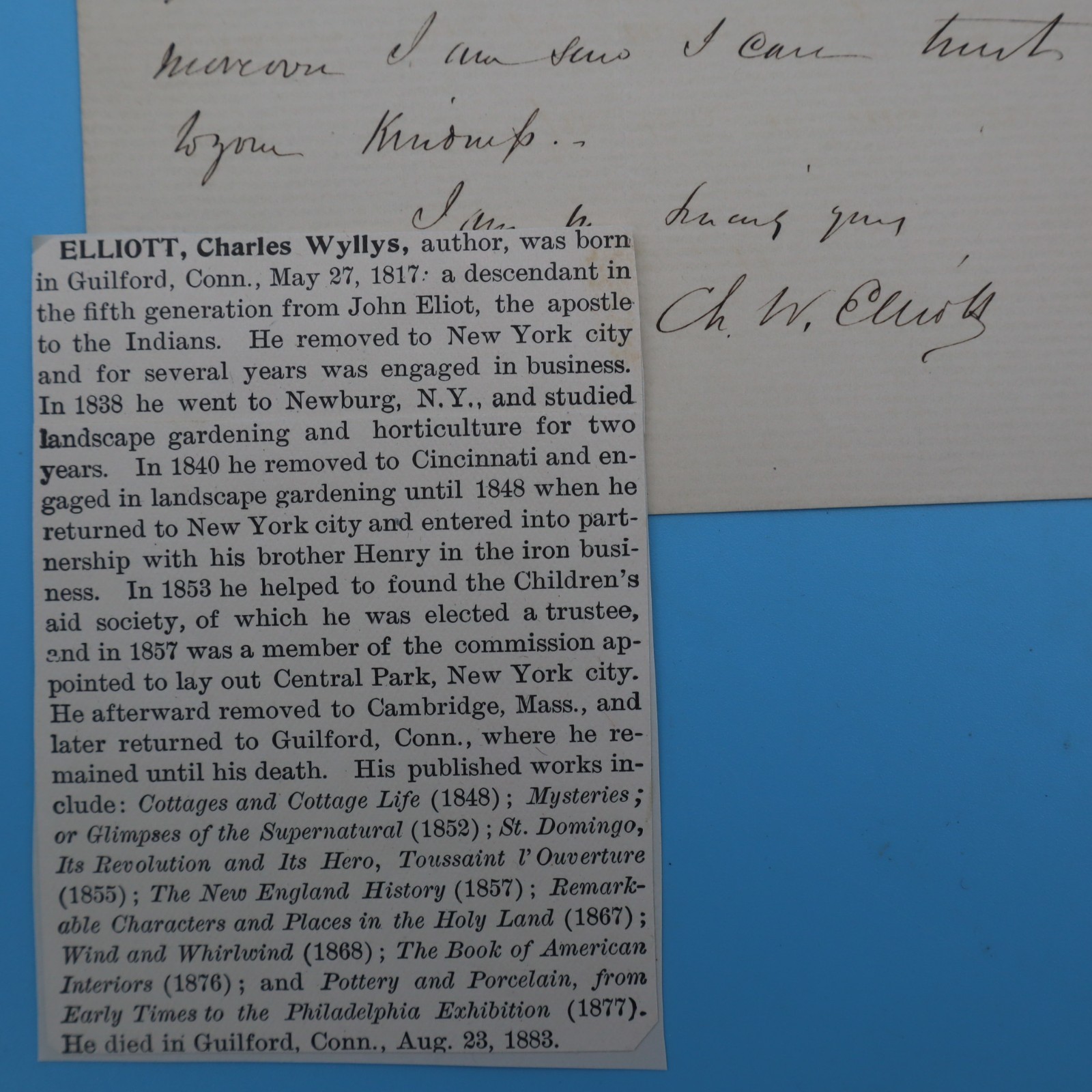 CHARLES W. ELLIOTT Author 1817-83 HAND WRITTEN Autograph Letter Signed 1873