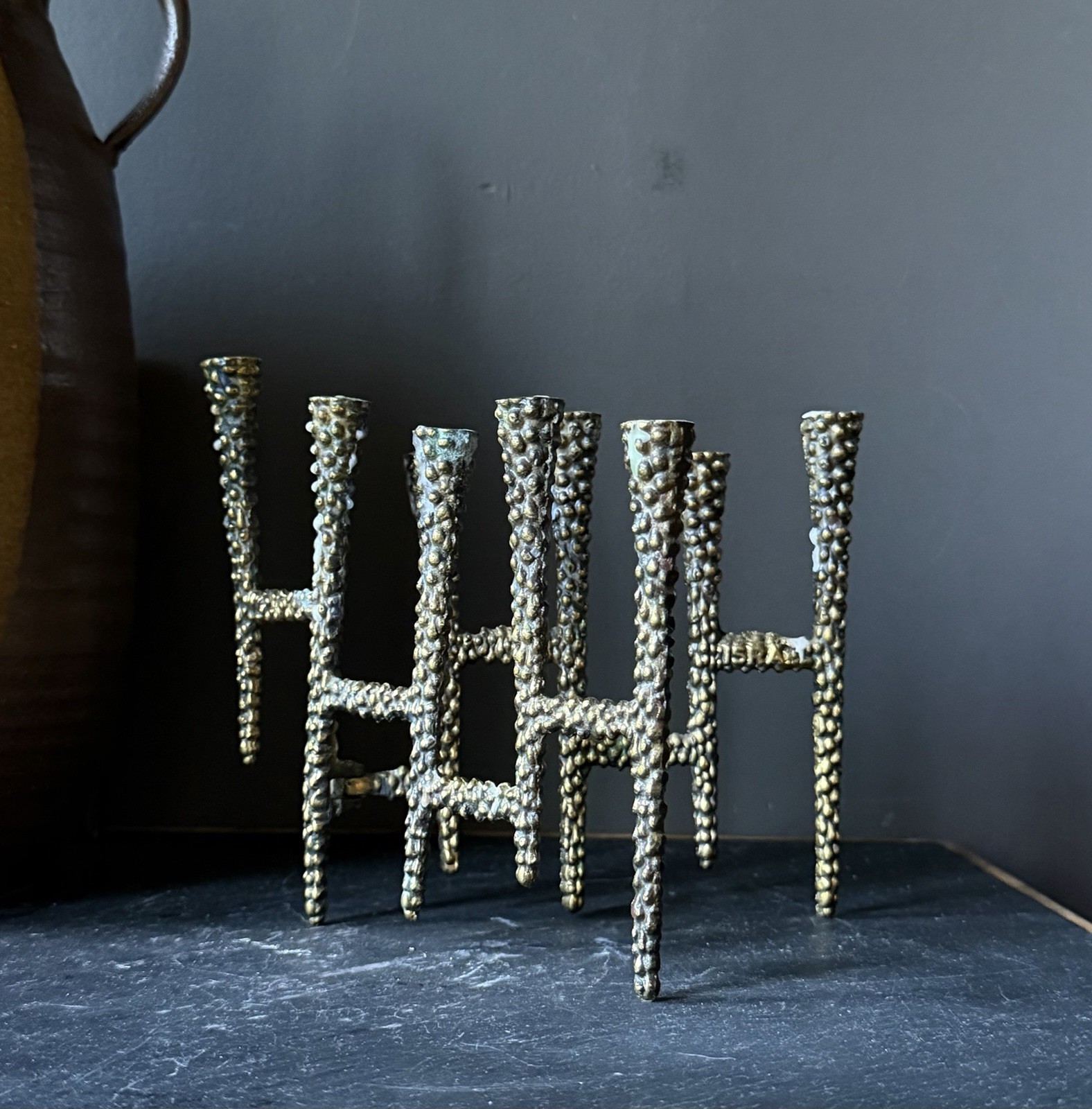 Vintage MCM Brutalist Brass Folding Menorah Hanukkah Candlestick Wainberg Style Vintage MCM Brutalist Brass Folding Menorah Hanukkah Candlestick Wainberg Style