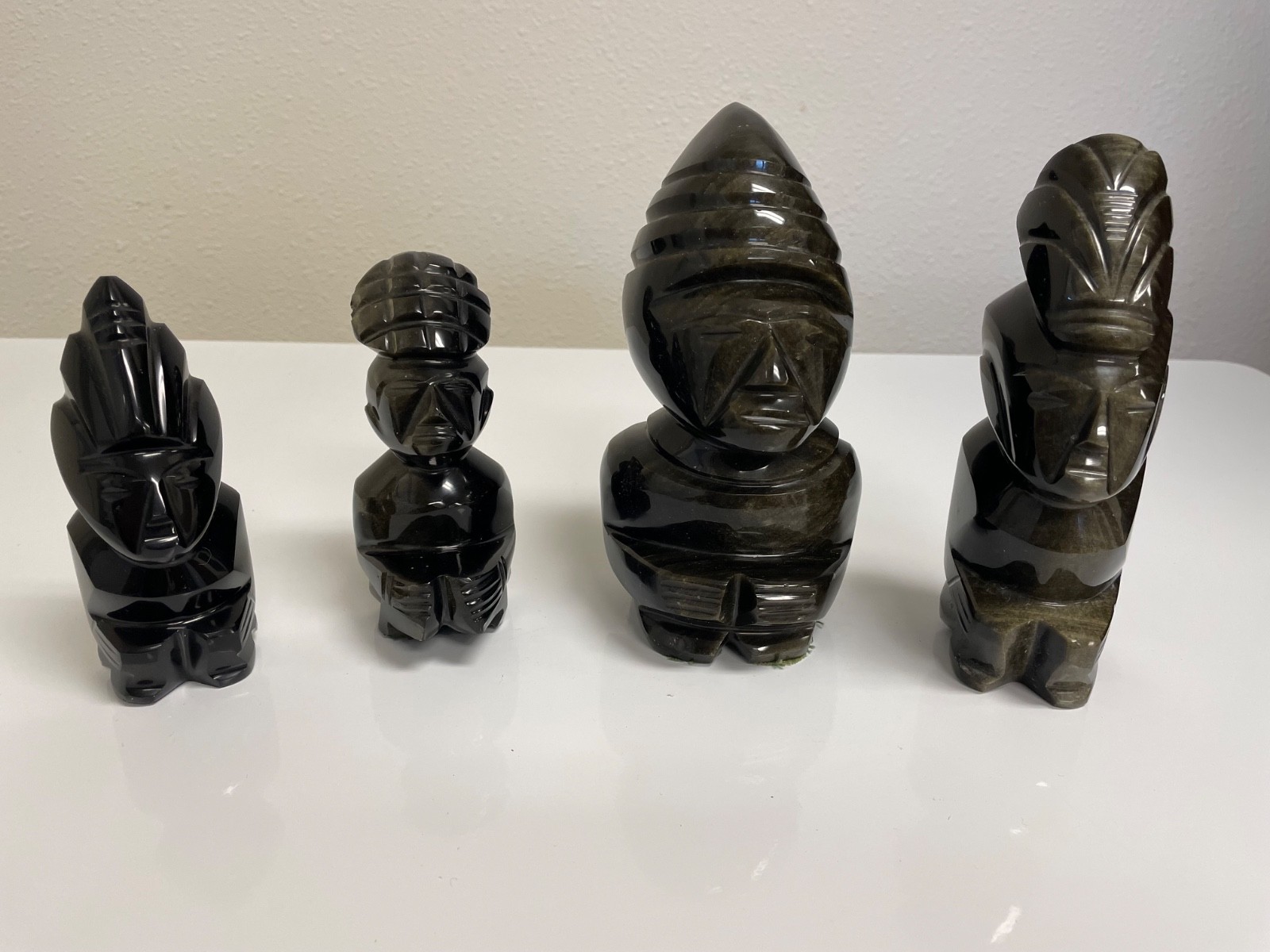 Set of 4 Vtg Obsidian Hand Carved Aztec Mayan Figures 3 w/Gold Sheen 4-6” Set of 4 Vtg Obsidian Hand Carved Aztec Mayan Figures 3 w/Gold Sheen 4-6”