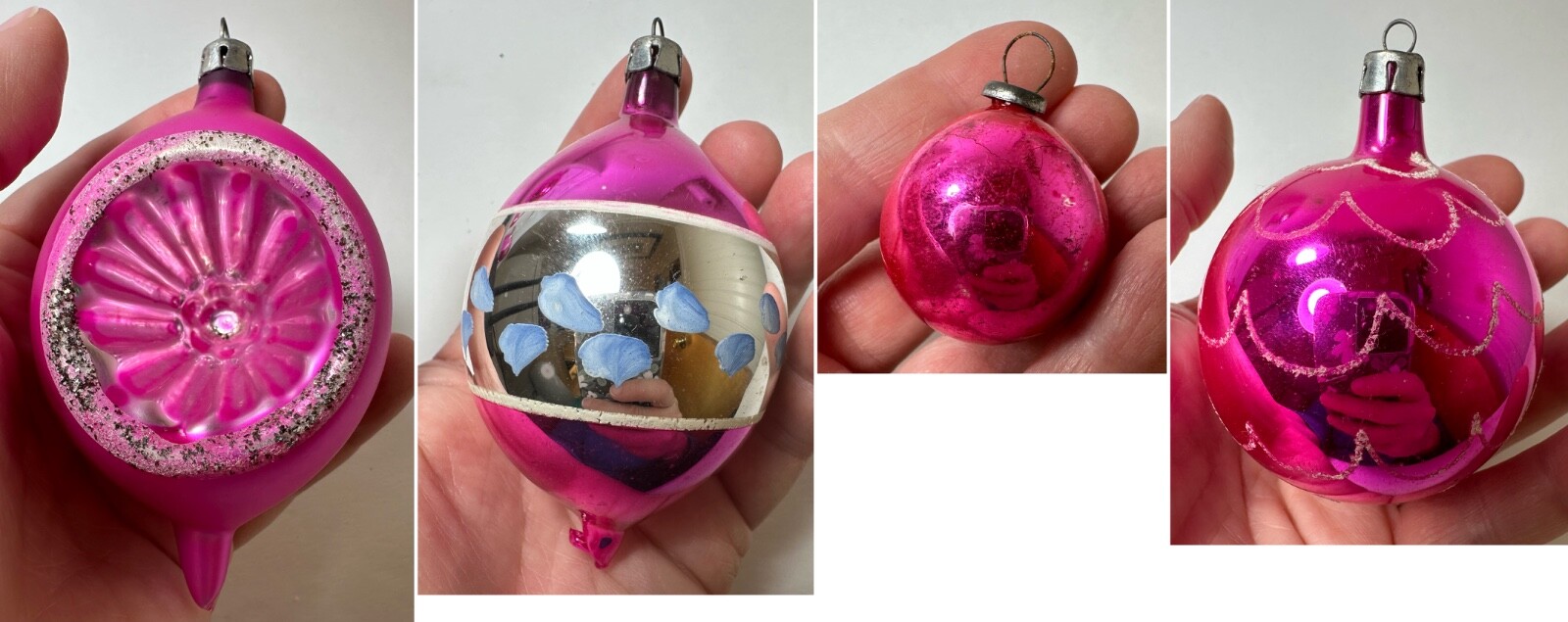 Lot 4 Vtg MCM Jumbo Hot Pink Fantasia Indent Teardrop Bulb Glass Ornament Poland