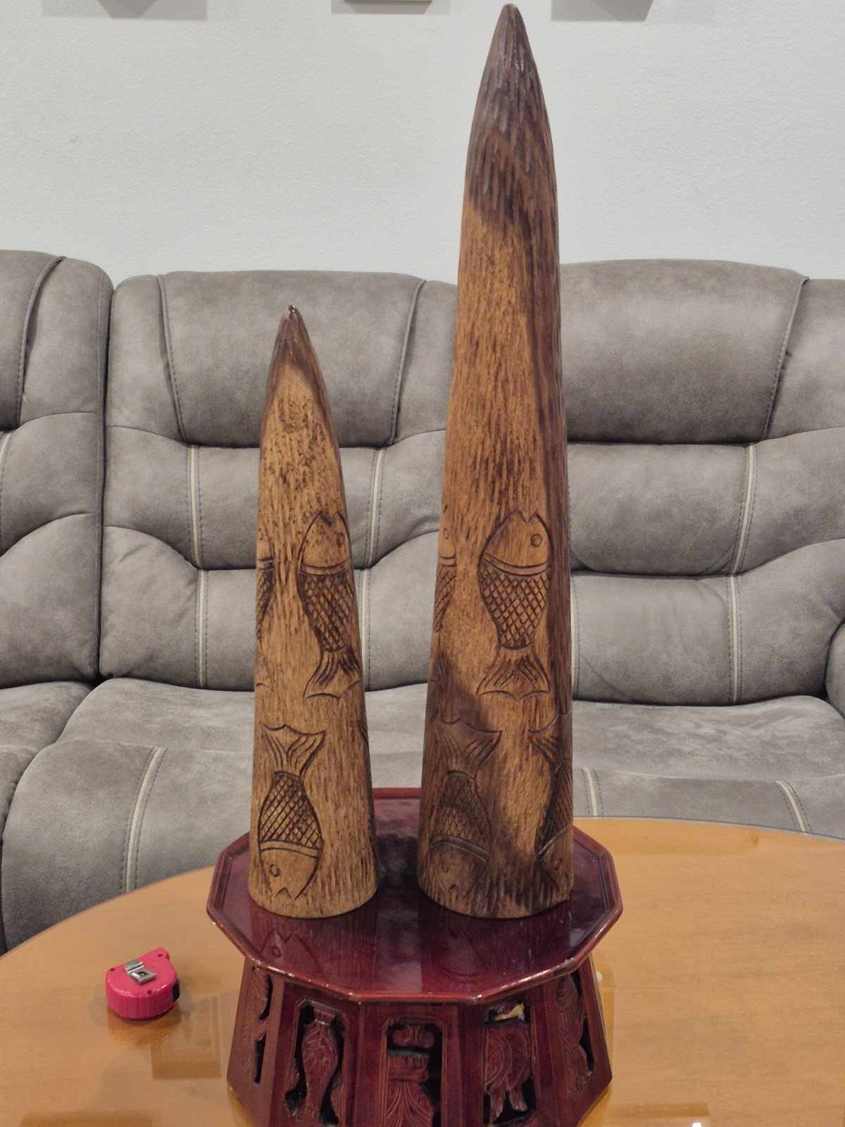 Vintsge Set Of Hand Carved Teak Wood Tiki Style Totems Hollowed Cylinder Shape Vintsge Set Of Hand Carved Teak Wood Tiki Style Totems Hollowed Cylinder Shape
