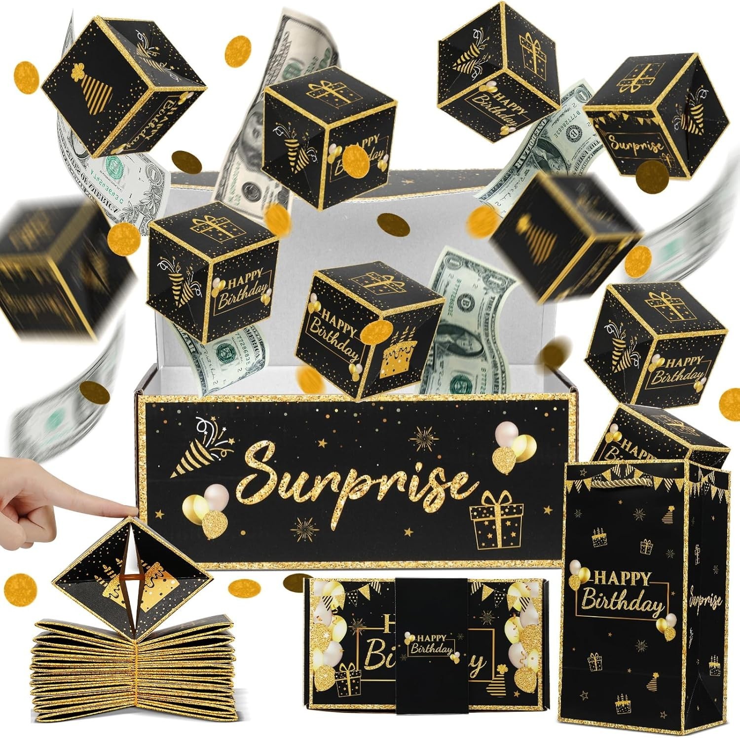 Birthday Surprise Gift Box Explosion for Money, Exploding Black Gold Birthday Surprise Gift Box Explosion for Money, Exploding Black Gold