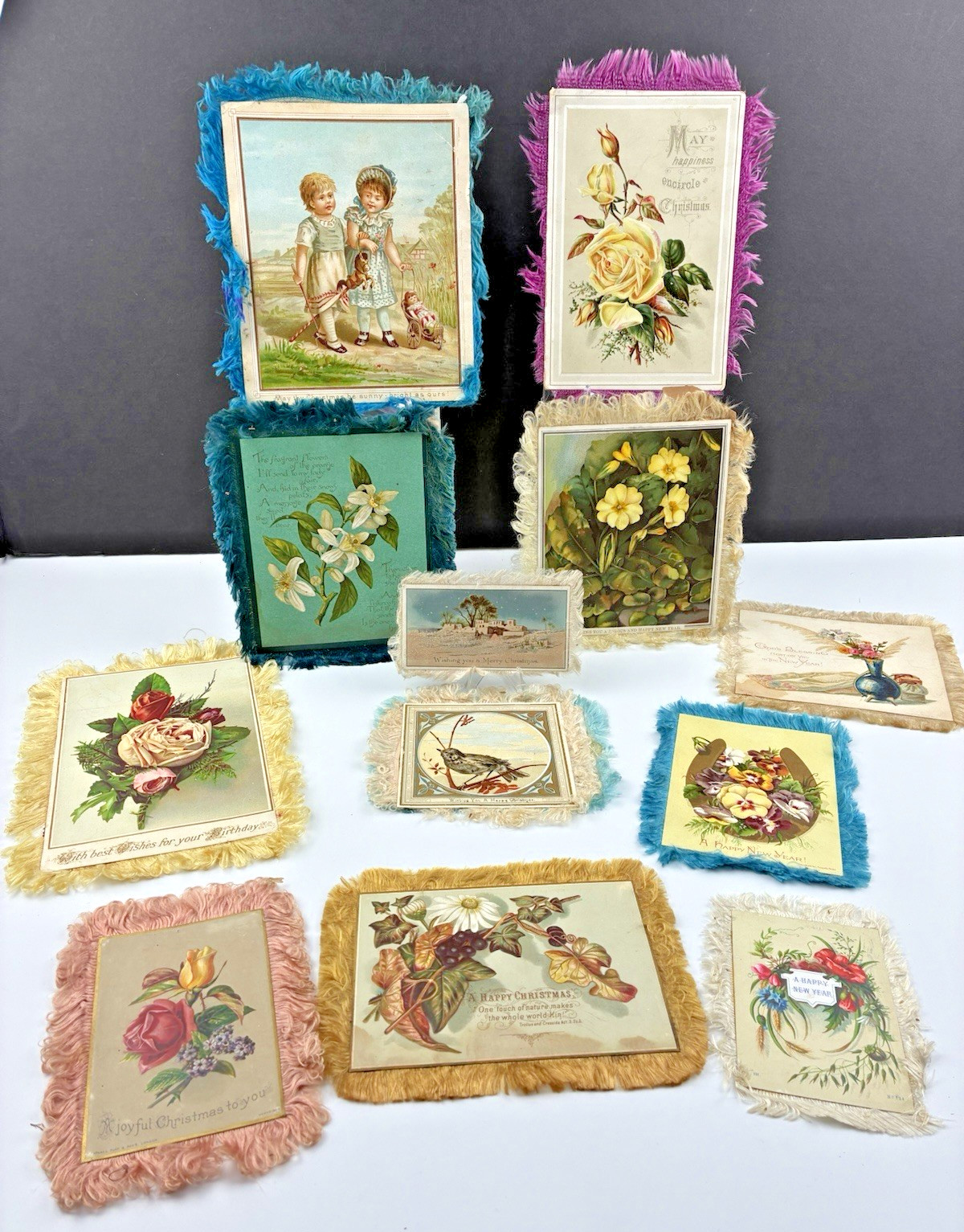 Lot of 13 Antique Victorian Silk Fringe Christmas & New Year Greeting Card 1880s Lot of 13 Antique Victorian Silk Fringe Christmas & New Year Greeting Card 1880s