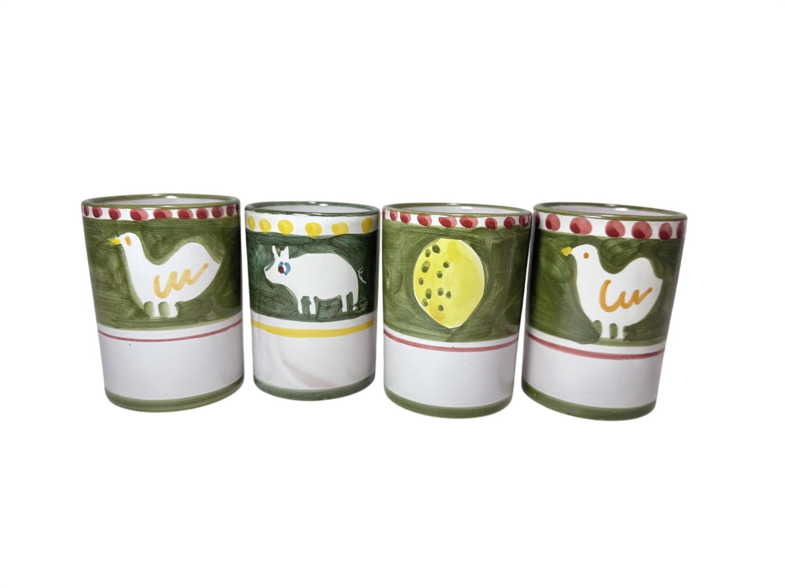 Vintage Italy Handmade and Painted Cups Mugs Handleless Lemons Bird Pig Unique