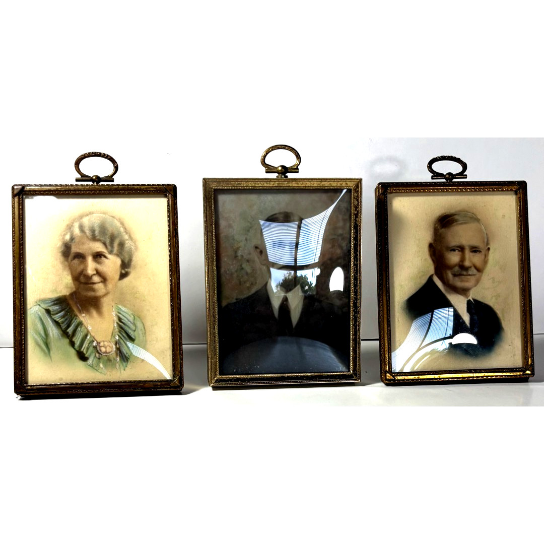 Vintage Brass Picture Frames with Convex Glass Antique Portrait Photos Included
