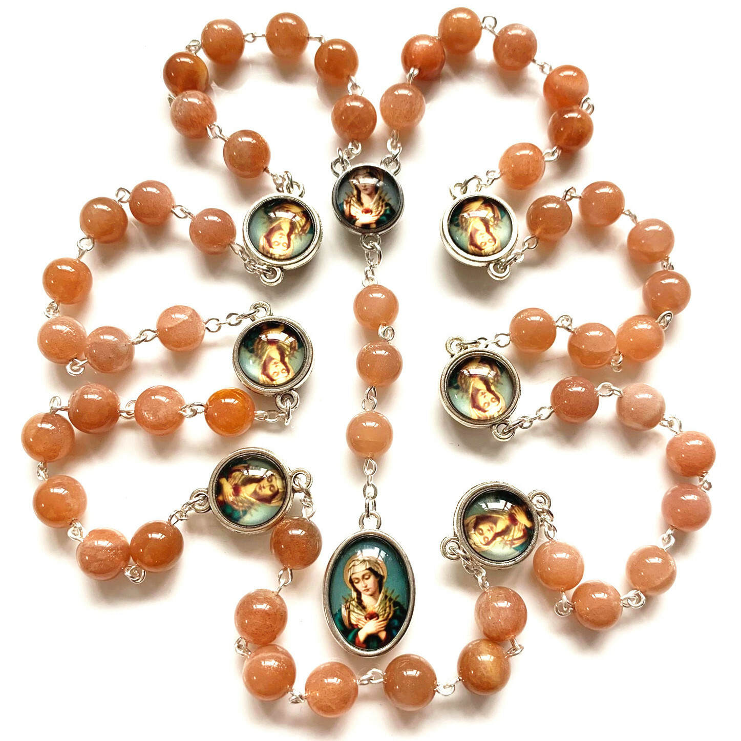 Catholic Orange Moonstone Beads Seven 7 Sorrows Of Mary Rosary Necklace Gift BOX Catholic Orange Moonstone Beads Seven 7 Sorrows Of Mary Rosary Necklace Gift BOX