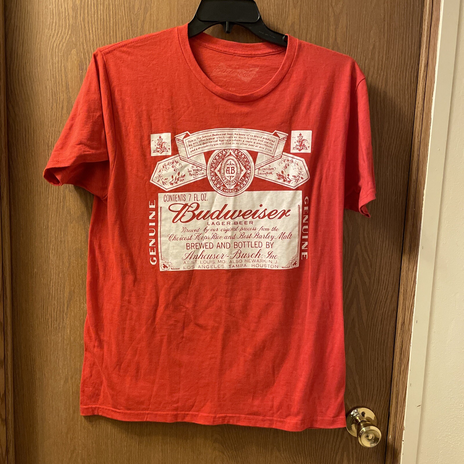 Budweiser T Shirt Lg Red W/ White Letters Short Sleeve Double Stitch Hem Budweiser T Shirt Lg Red W/ White Letters Short Sleeve Double Stitch Hem