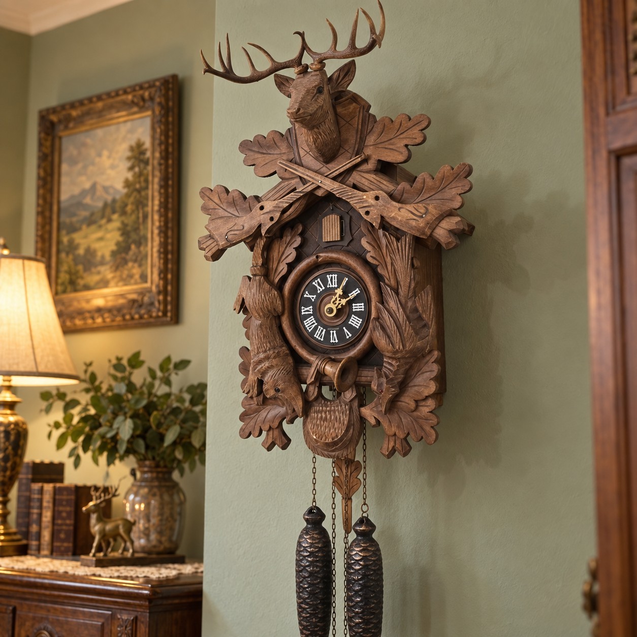 8 Days Vintage German Cuckoo Clock Hand Carved Hunting Deer Rabbit Pine Cone 8 Days Vintage German Cuckoo Clock Hand Carved Hunting Deer Rabbit Pine Cone