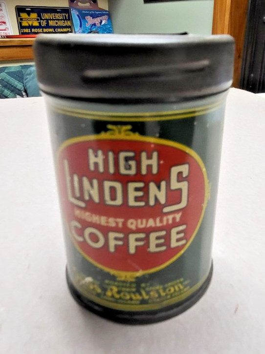 VINTAGE HIGH LINDENS COFFEE TIN BANK - ROULSTONS - BROOKLYN, Long and Staten Is.