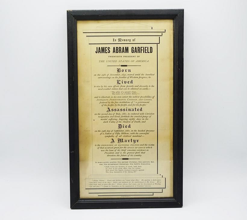 Antique 1881 James Garfield Memorial Broadside Framed Antique 1881 James Garfield Memorial Broadside Framed