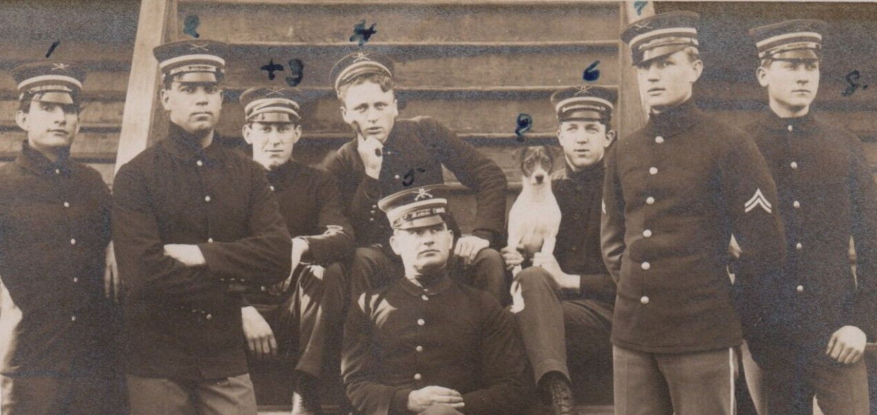 Mascot Terrier Dog & 8 Military Men Navy Army Soldiers Portrait RPPC Postcard Mascot Terrier Dog & 8 Military Men Navy Army Soldiers Portrait RPPC Postcard