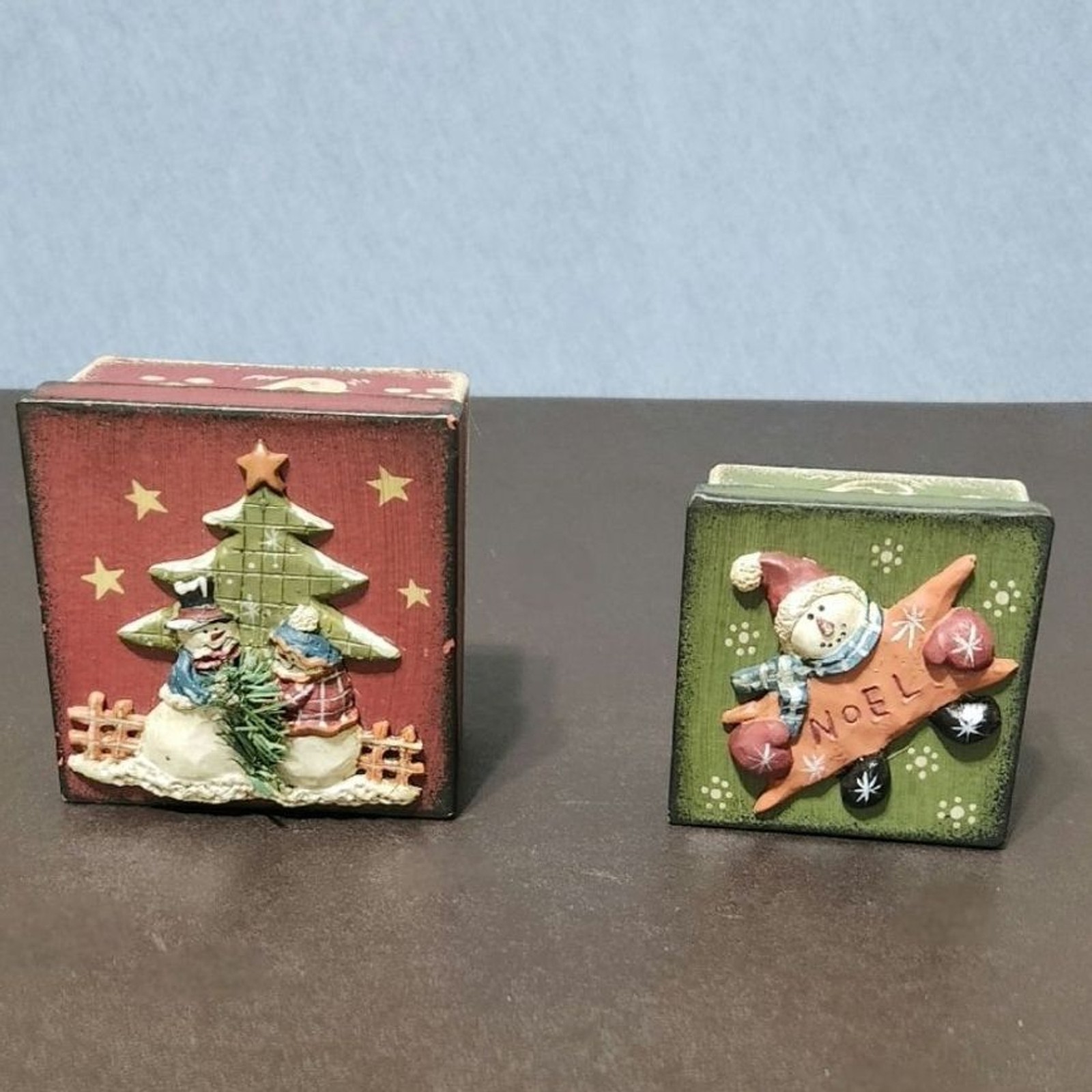 Vintage Primitive Christmas Snowman Trinket Boxes Country Wood Look 2Pc