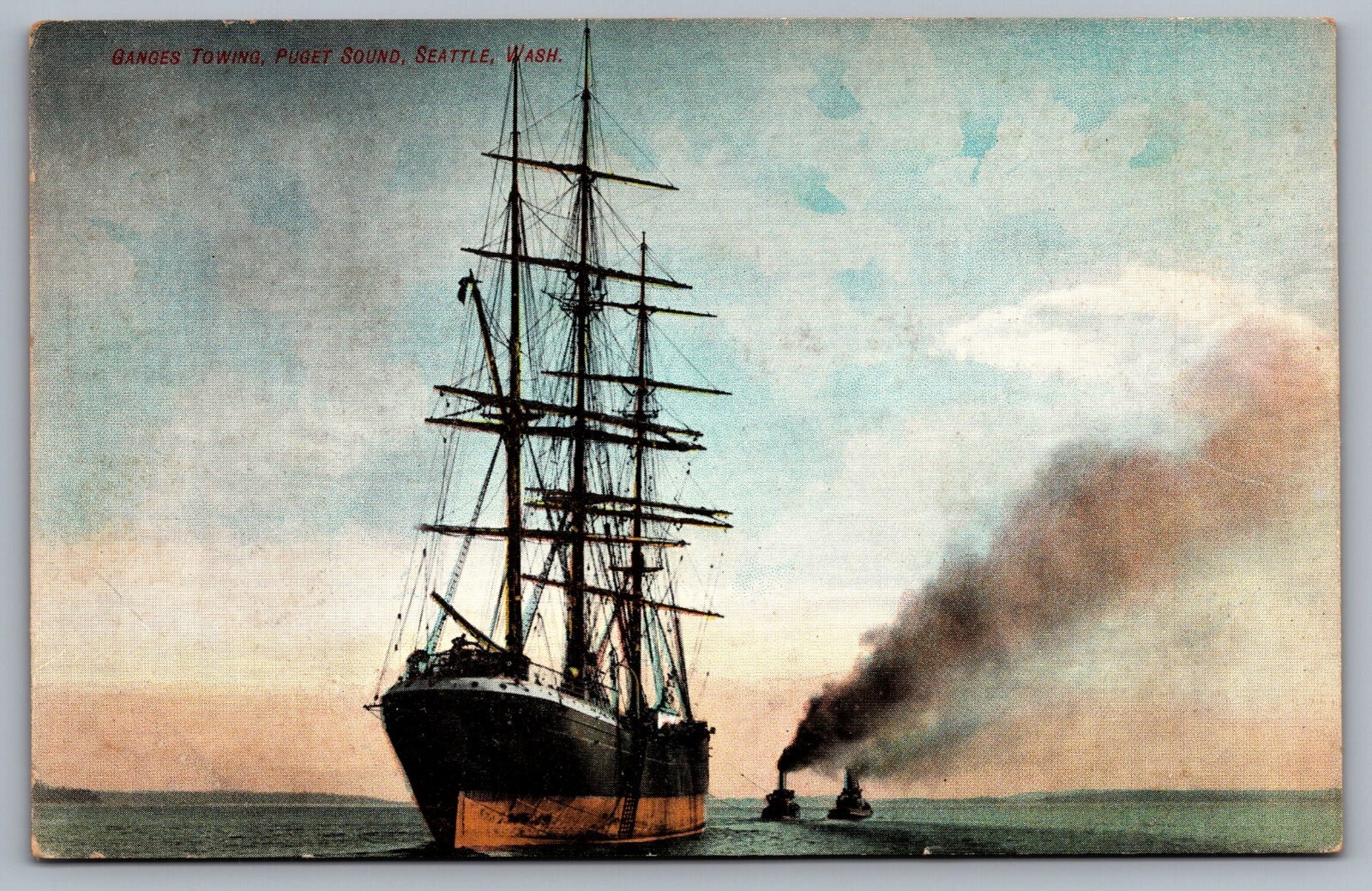 Ganges Towing, Tugboats Towing Massive Sailing Ship. Puget Sound, Seattle, WA Ganges Towing, Tugboats Towing Massive Sailing Ship. Puget Sound, Seattle, WA