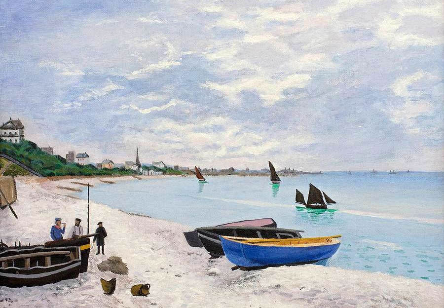 Excellent Oil painting nice seascape with canoes little sail boats by beach 36"