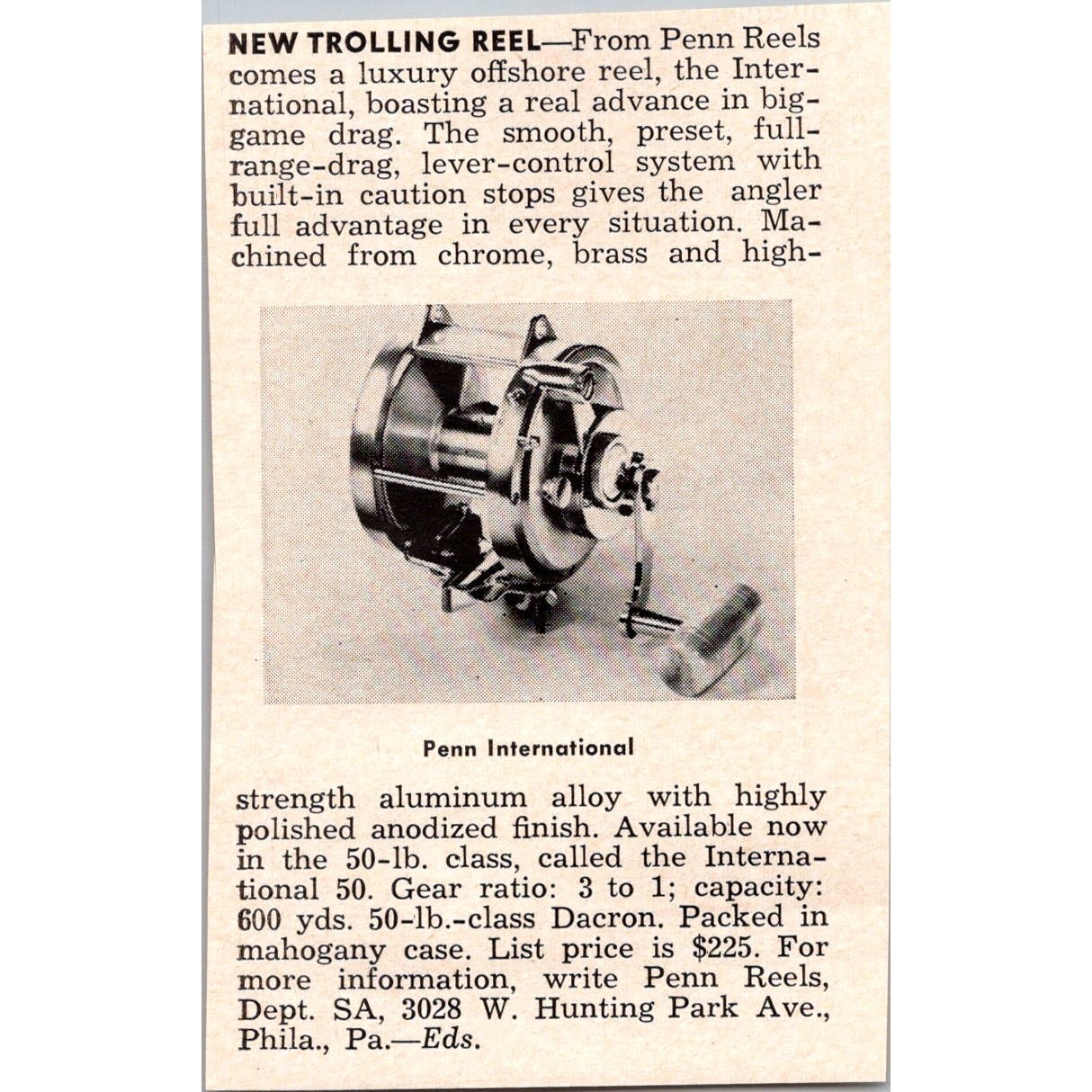 Penn Reels New Trolling Reel Luxury Offshore Reel Philadelphia PA 1966 Ad SAH8-3
