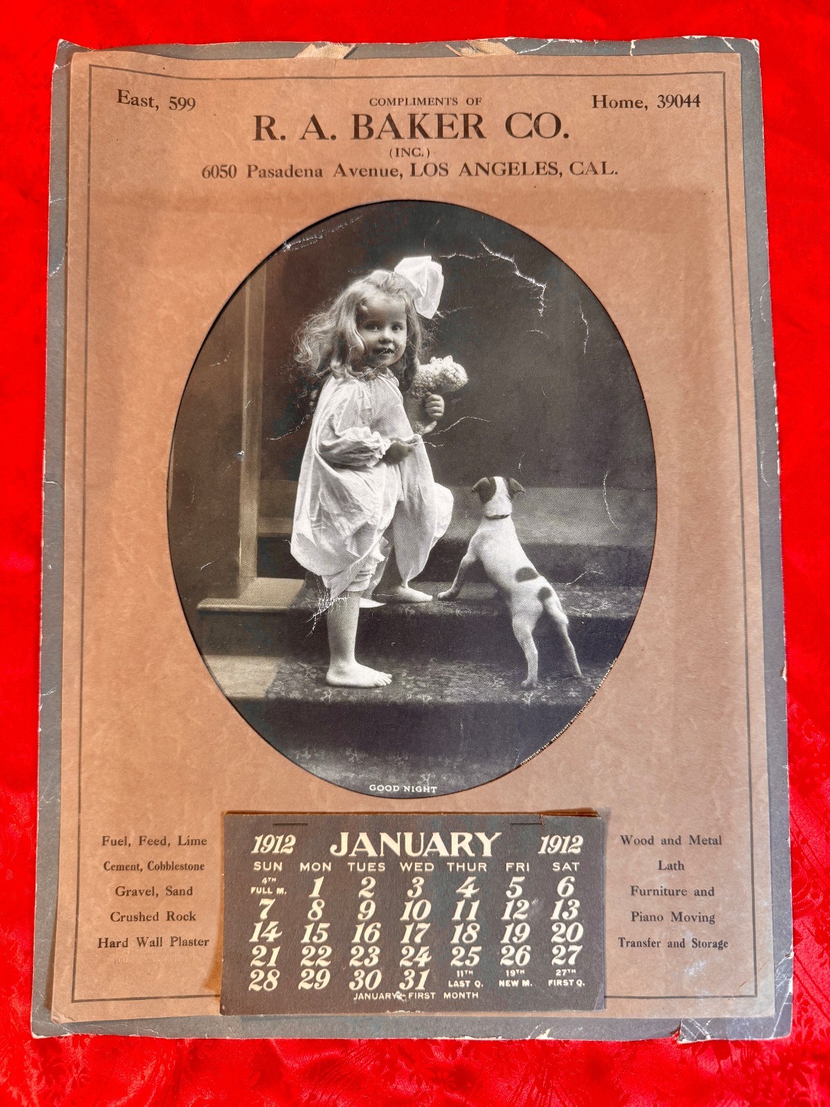 Antique 1912 WALL CALENDAR "RA BAKER CO, LOS ANGELES CA" Old Photo of Girl & Dog Antique 1912 WALL CALENDAR "RA BAKER CO, LOS ANGELES CA" Old Photo of Girl & Dog