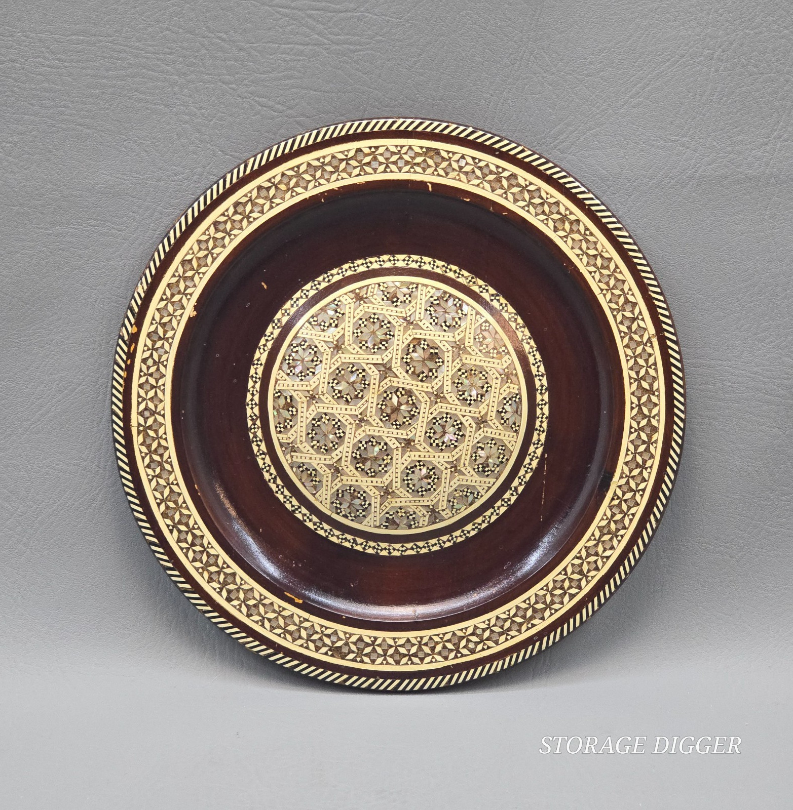 Vintage Decorative Varnished Wooden Plate Brown Pearl Inlay Round Mid Century