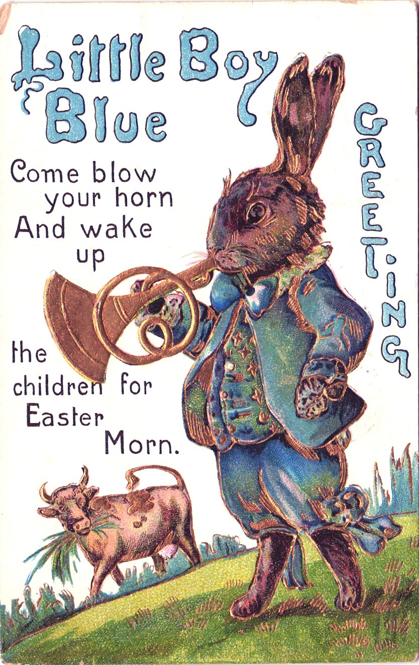 LITTLE BOY BLUE EASTER GREETINGS gold ink c1910 antique postcard holidays