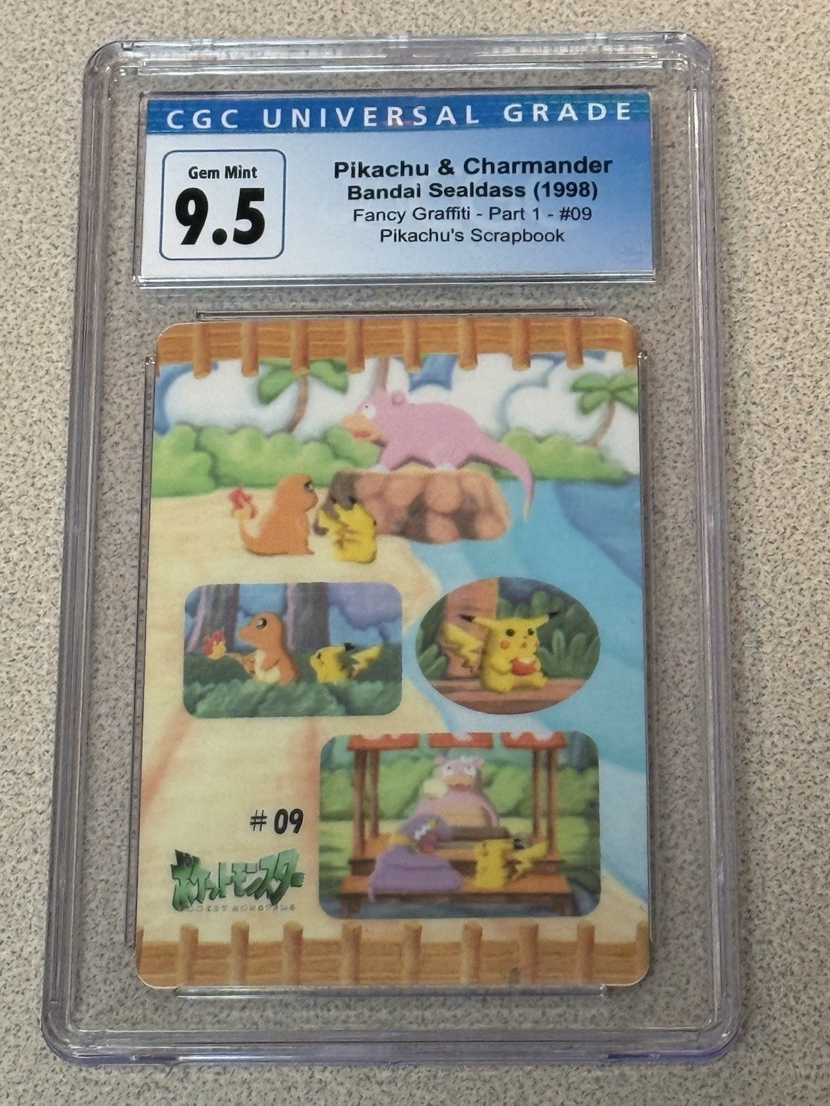 Bandai 1998 Sealdass Pokémon Pikachu's Scrapbook Pikachu Charmander #09 CGC 9.5 Bandai 1998 Sealdass Pokémon Pikachu's Scrapbook Pikachu Charmander #09 CGC 9.5