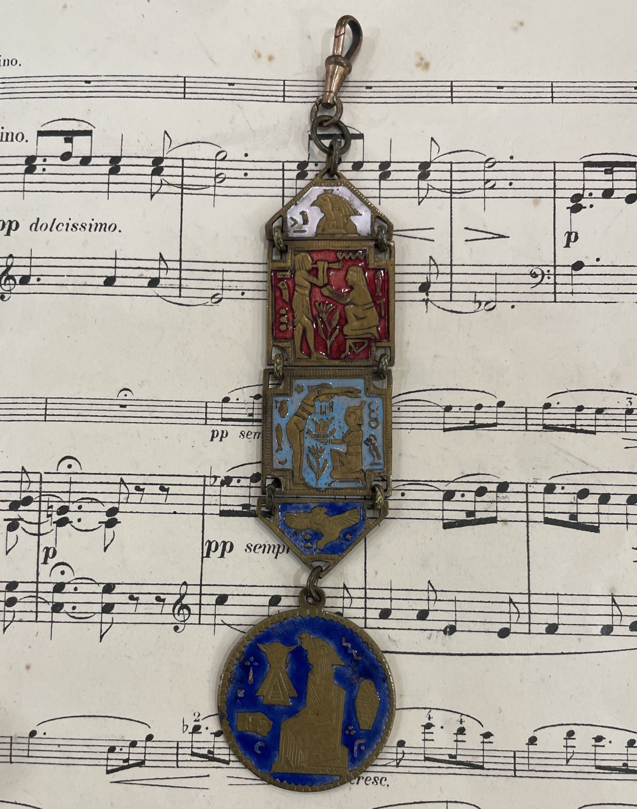 Rare Antique French Enameled Egyptian Revival Pharaoh Sphinx Chatelaine c1920 Rare Antique French Enameled Egyptian Revival Pharaoh Sphinx Chatelaine c1920