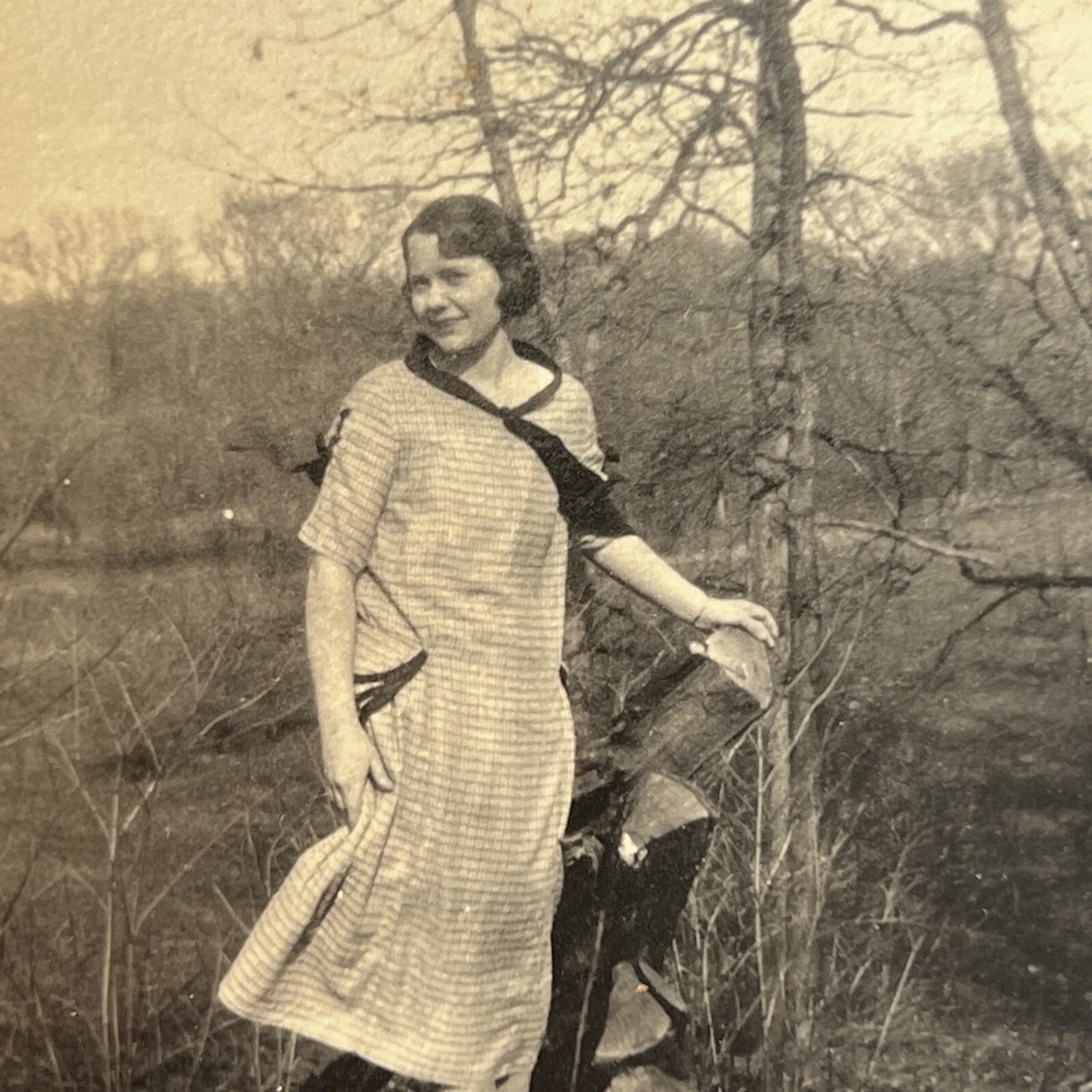 Antique Sepia Snapshot Photograph Beautiful Young Women Standing On Stump Antique Sepia Snapshot Photograph Beautiful Young Women Standing On Stump