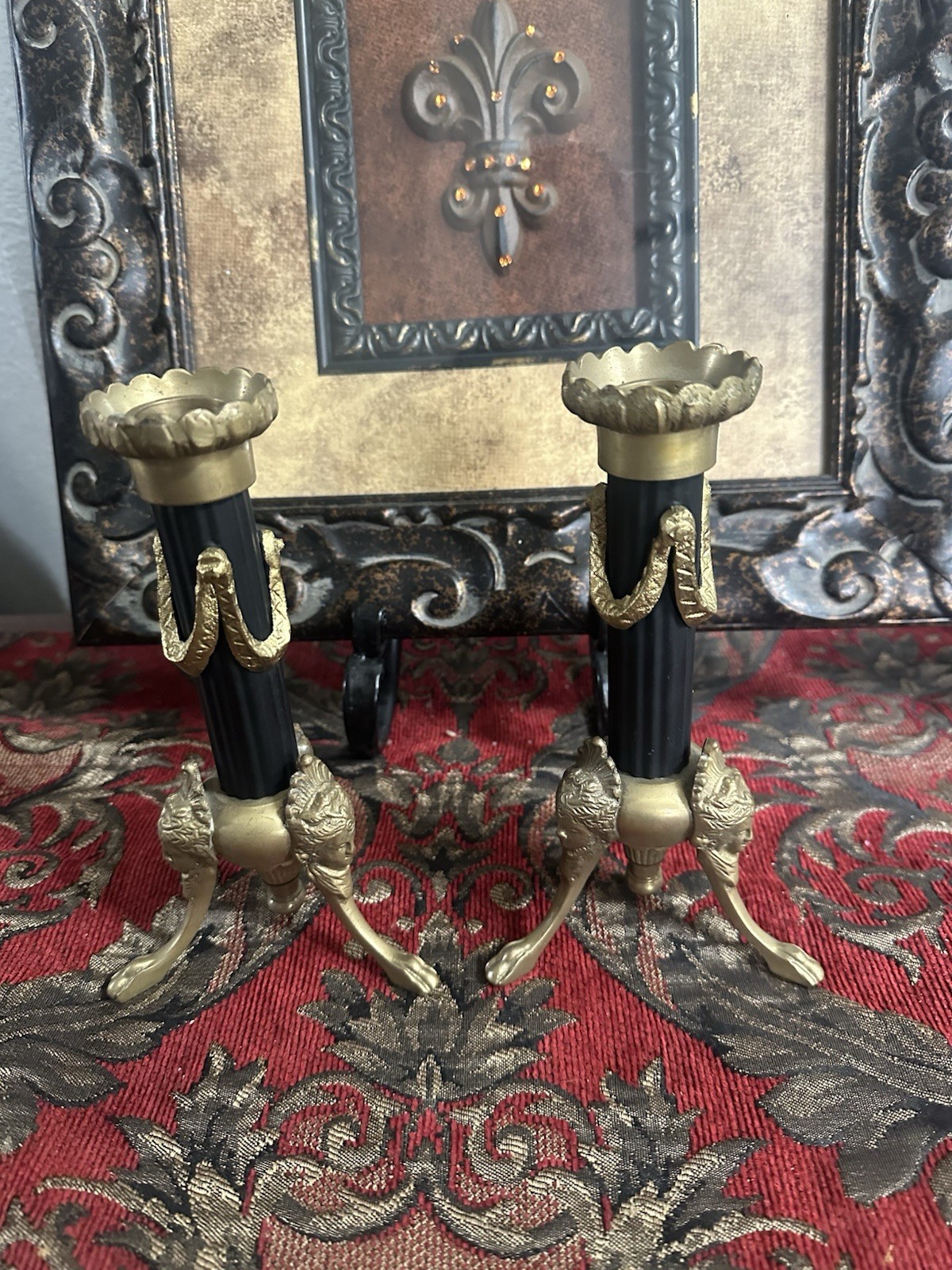 Vintage Pair Empire Gilt Candlestick Holder Black Column Women Bust Leaf Strips